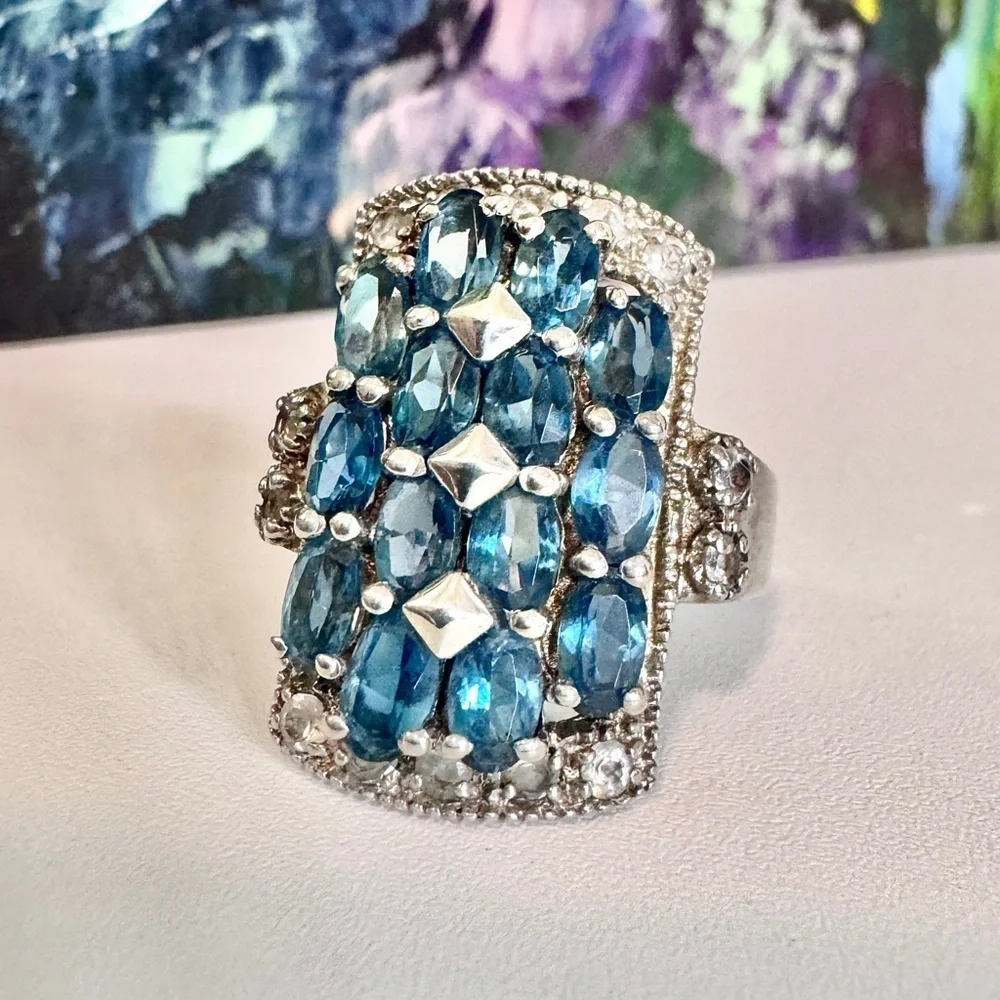 Swiss Blue Topaz / White Topaz Sterling Silver Ring (6.5)